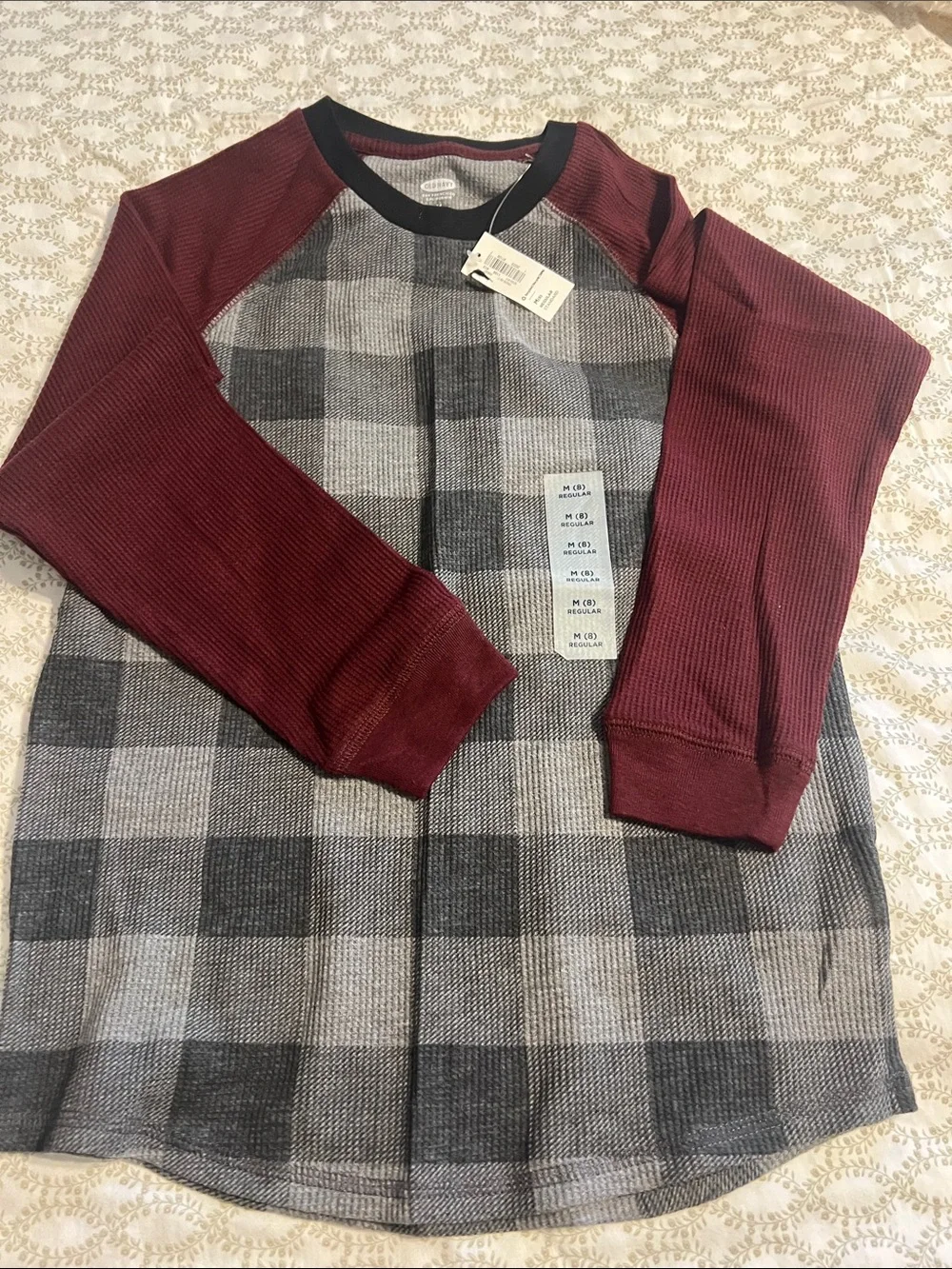 Old Navy Boys Navy Graphic Tee with Burgundy Raglan Plaid Top